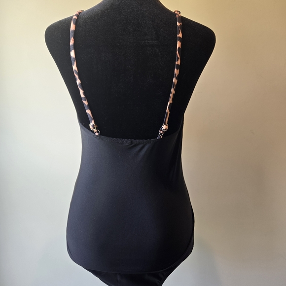 Black Leopard Print One Piece Halter Top Bathing Suit Medium - Picture 2 of 10